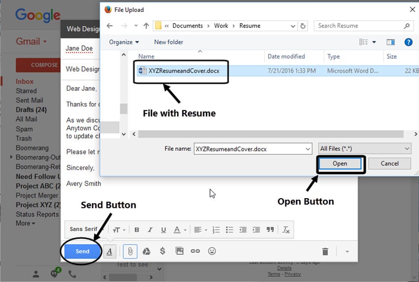 attach a file with resume and cover letter to an email in Gmail